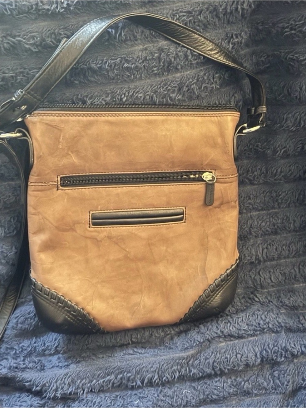 NY Collection Brown and Black Leopard-Trim Leather Crossbody